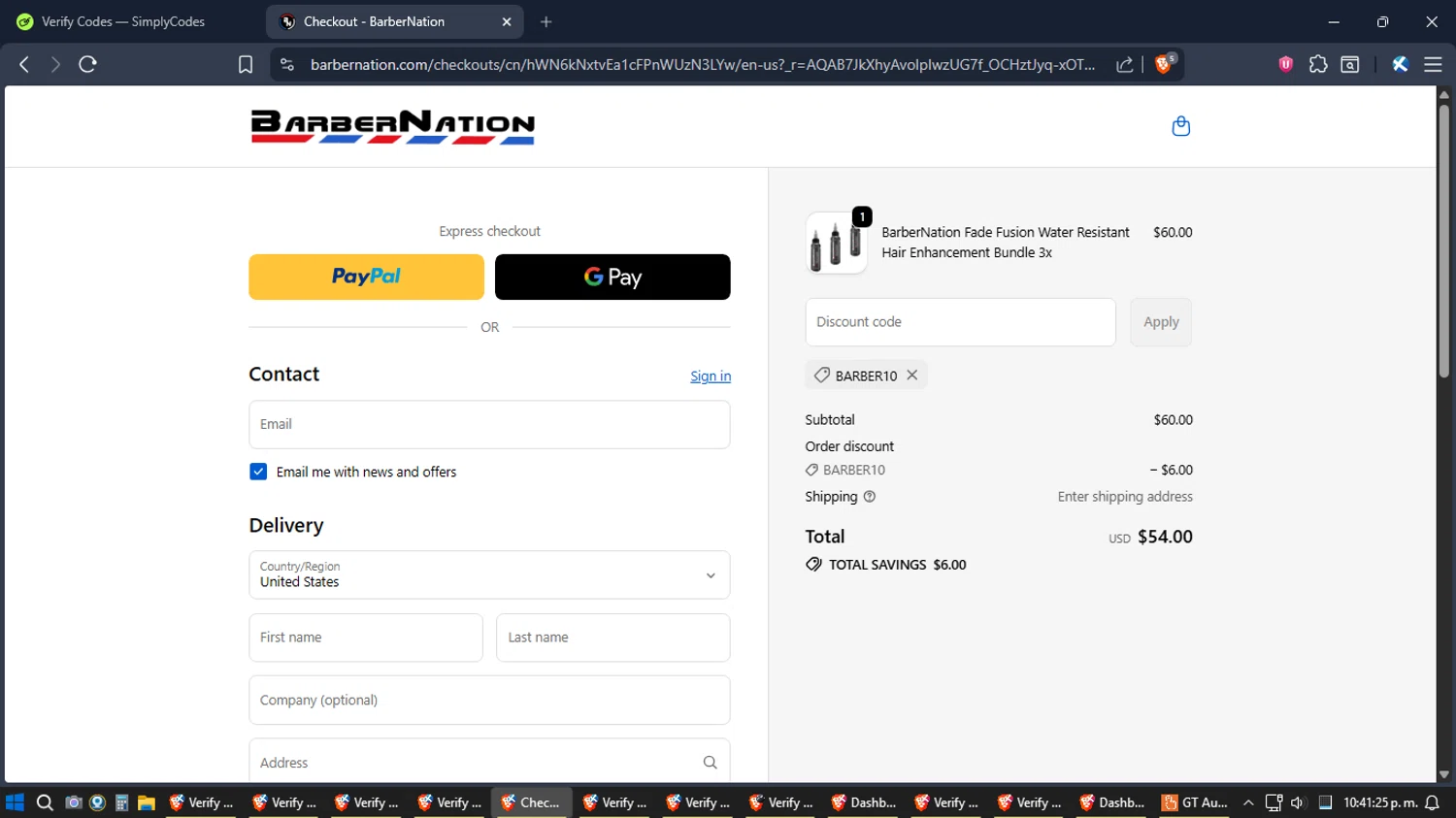 BarberNation discount code screenshot showing code BARBER10 applied at BarberNation checkout page. Uploaded by SimplyCodes community member SoulPower on Dec 23, 2025