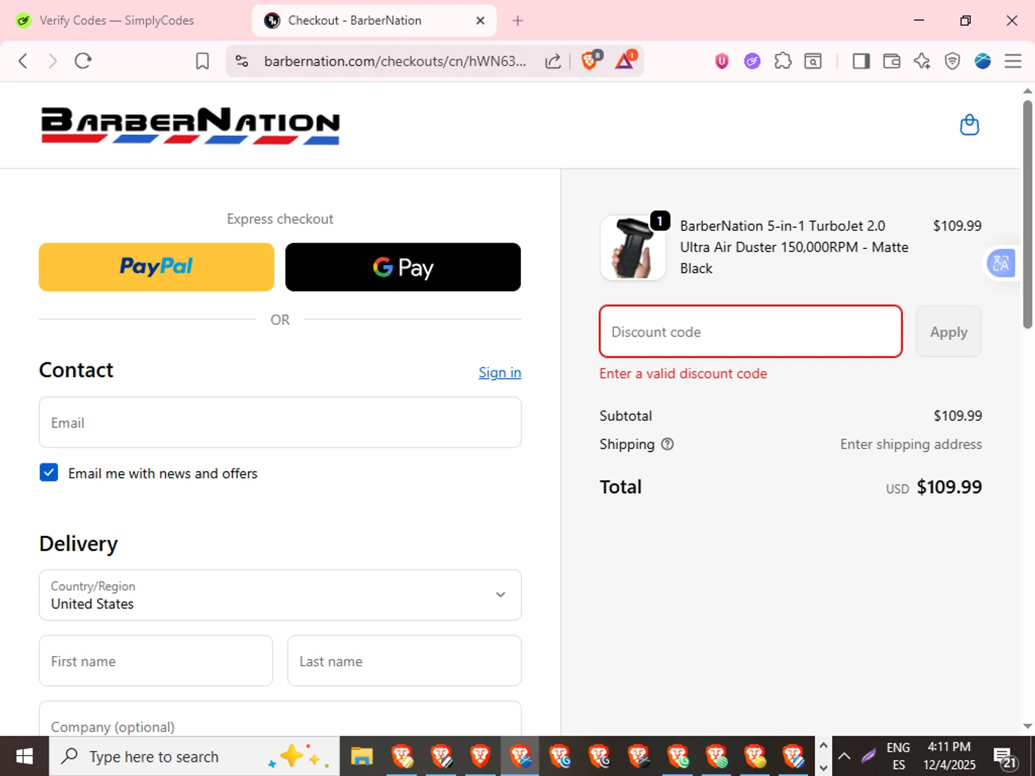 BarberNation discount code screenshot showing code B-RBER10 applied at BarberNation checkout page. Uploaded by SimplyCodes community member TokenPilot3367 on Dec 4, 2025