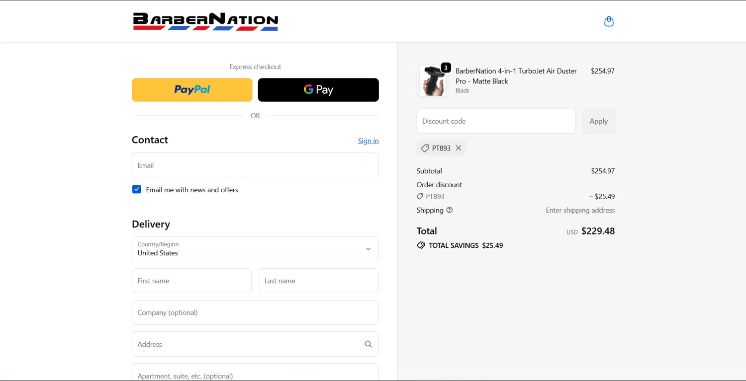 BarberNation discount code screenshot showing code PT893 applied at BarberNation checkout page. Uploaded by SimplyCodes community member Lanzaa on Nov 14, 2025