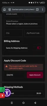 BarberSalon.com coupon verification screenshot