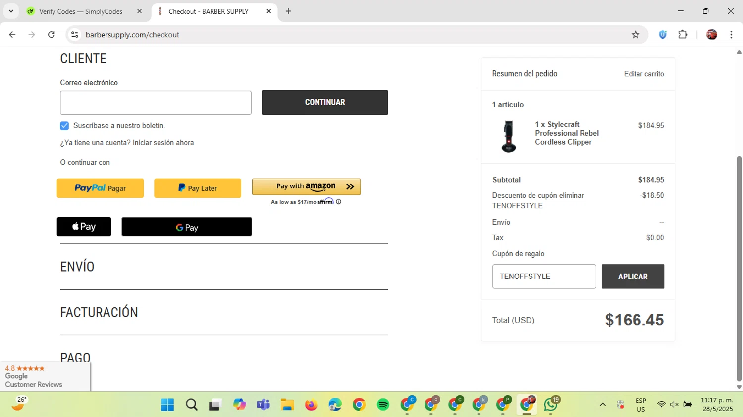 Barber Supply promo code screenshot showing code TENOFFSTYLE applied at Barber Supply checkout page. Uploaded by SimplyCodes community member GloriousDefender7889 on May 29, 2025