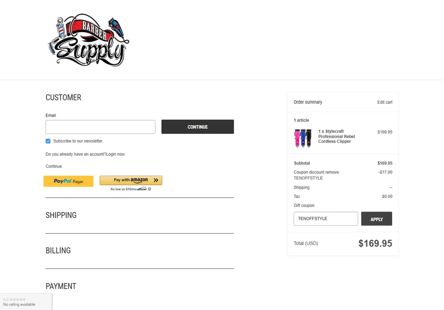 Barber Supply promo code screenshot showing code TENOFFSTYLE applied at Barber Supply checkout page. Uploaded by SimplyCodes community member Myrulesmagazine23 on May 21, 2025