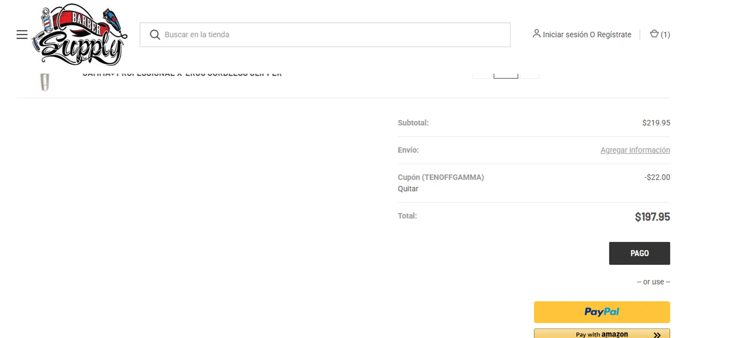 Barber Supply promo code screenshot showing code TENOFFGAMMA applied at Barber Supply checkout page. Uploaded by SimplyCodes community member YISUZZ on Jun 12, 2025