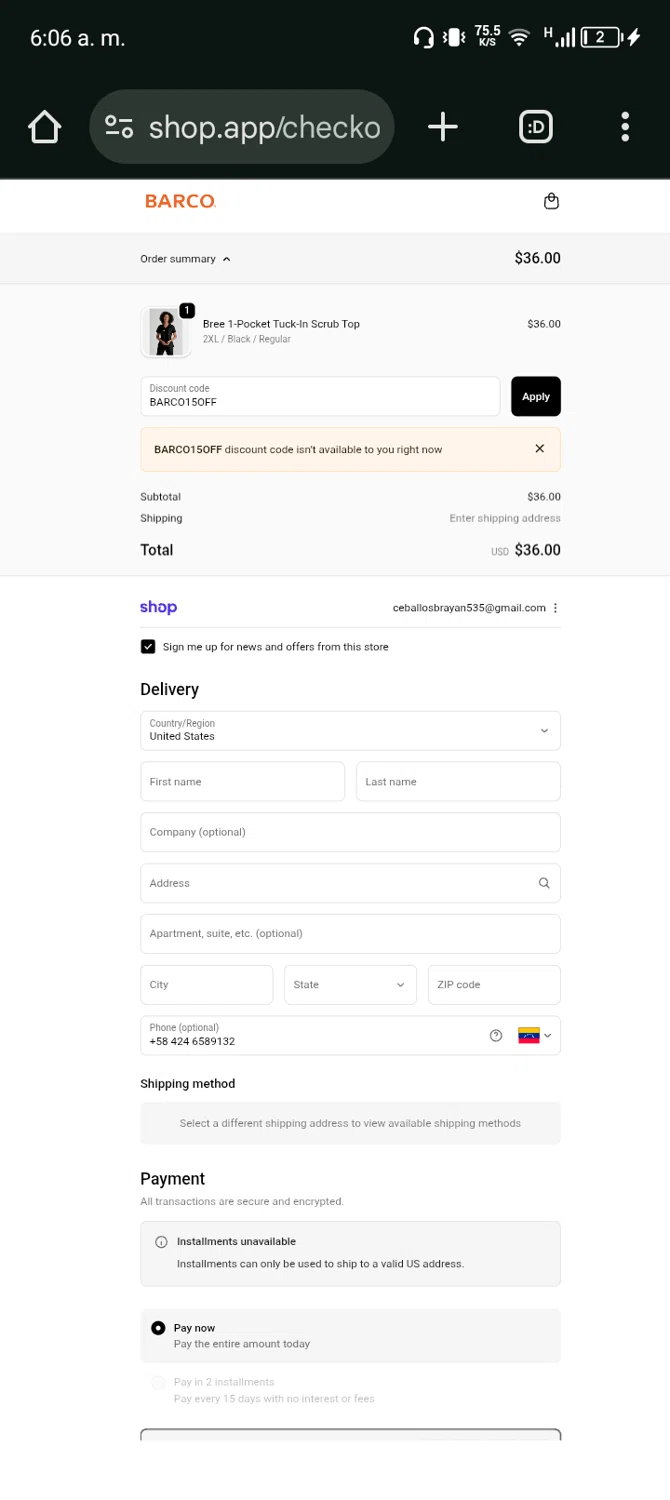 Barco Uniforms promo code screenshot showing code BARCO15OFF applied at Barco Uniforms checkout page. Uploaded by SimplyCodes community member Ryan_Garcia on Oct 20, 2025