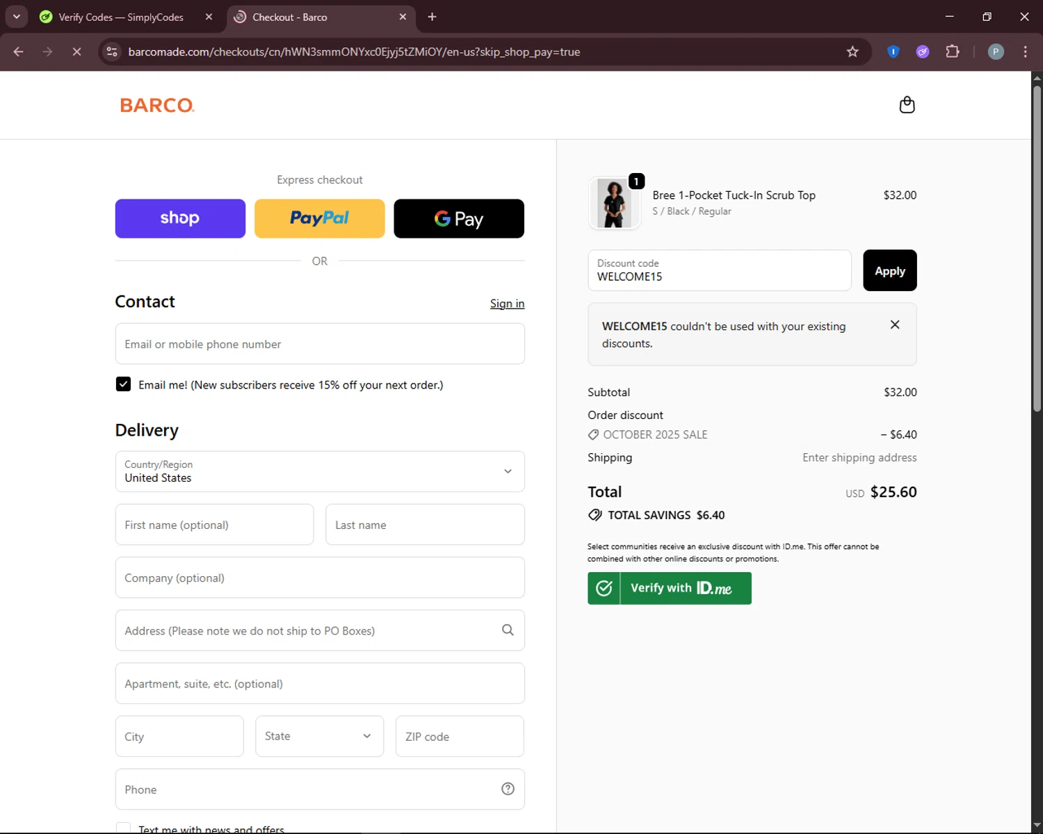 Barco Uniforms promo code screenshot showing code WELCOME15 applied at Barco Uniforms checkout page. Uploaded by SimplyCodes community member DiscountEagle6247 on Oct 8, 2025