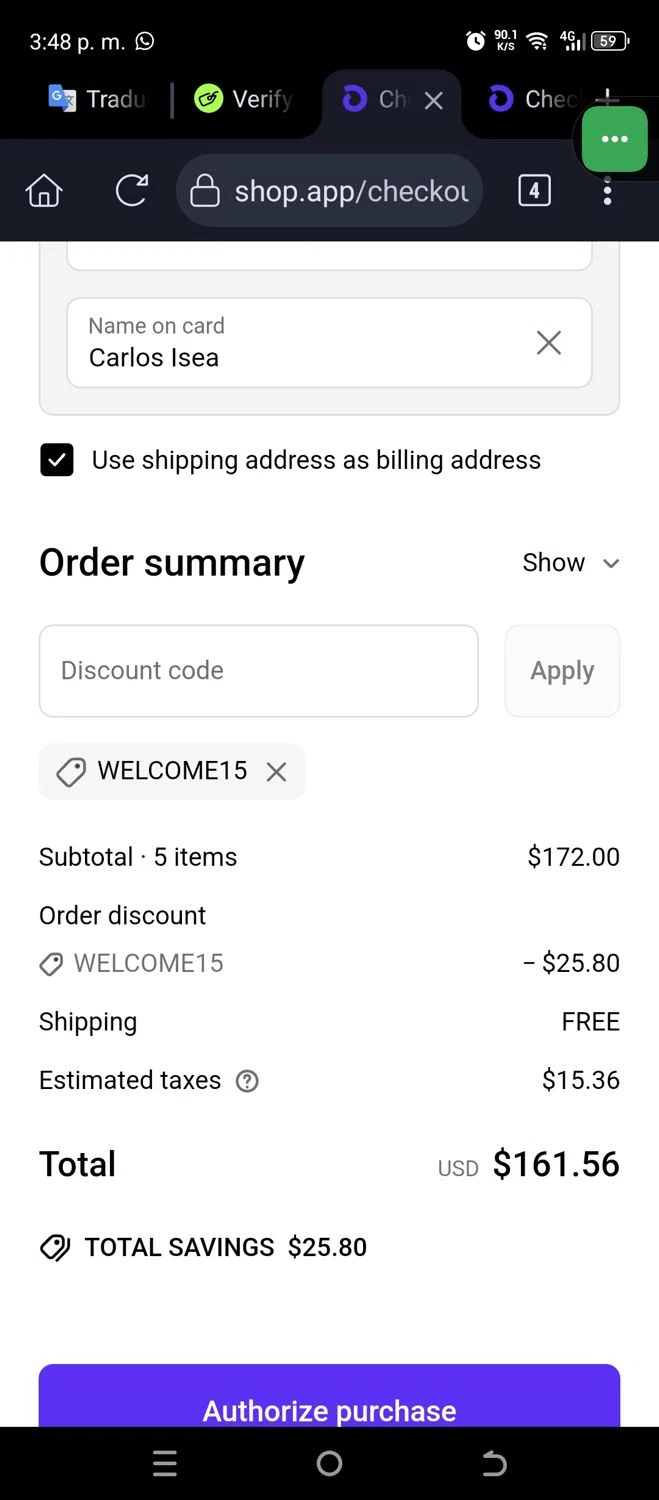 Barco Uniforms promo code screenshot showing code WELCOME15 applied at Barco Uniforms checkout page. Uploaded by SimplyCodes community member JannyiseaN on Apr 3, 2025