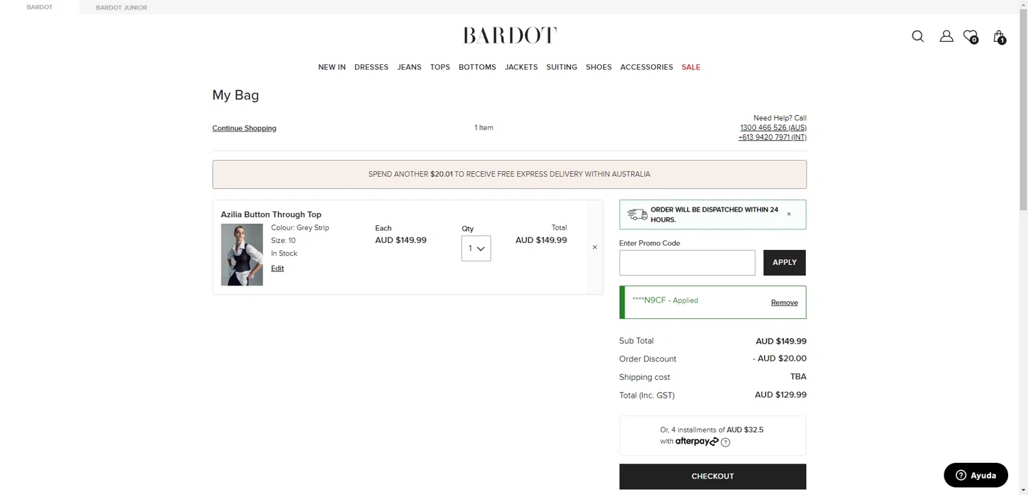 Bardot coupon code screenshot showing code BRW-93V5QRN9CF applied at Bardot checkout page. Uploaded by SimplyCodes community member DiscountWarden480 on May 4, 2025