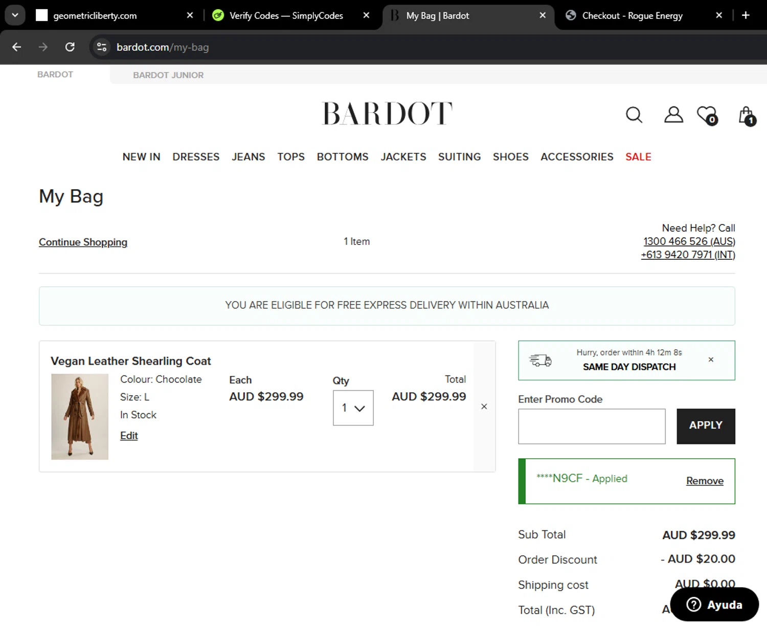 Bardot coupon code screenshot showing code BRW-93V5QRN9CF applied at Bardot checkout page. Uploaded by SimplyCodes community member antoniosalazar on Jun 19, 2025