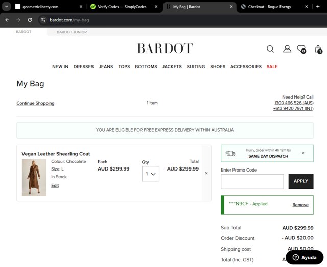 Bardot checkout page showing Bardot coupon code box | Screenshot taken by SimplyCodes community member on Jun 19, 2025