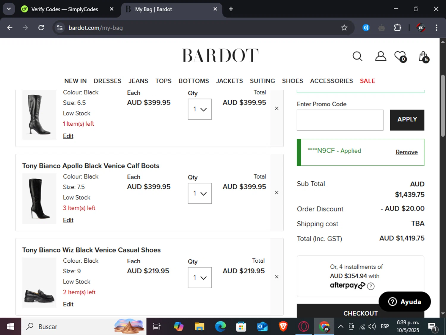 Bardot coupon code screenshot showing code BRW-93V5QRN9CF applied at Bardot checkout page. Uploaded by SimplyCodes community member TreasureAdmiral6867 on May 10, 2025