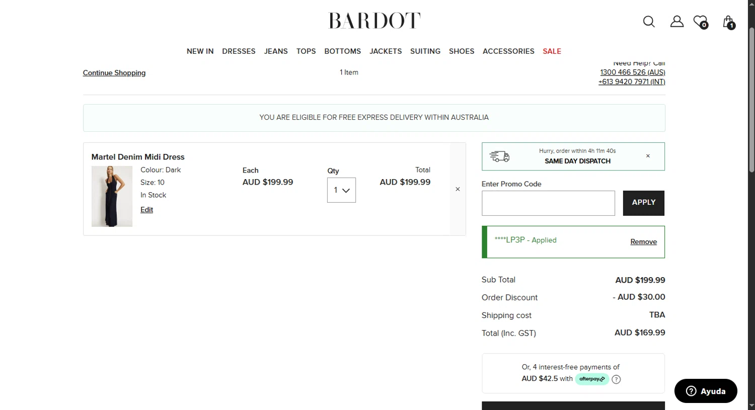 Bardot coupon code screenshot showing code BRR-PZPV3SLP3P applied at Bardot checkout page. Uploaded by SimplyCodes community member VoucherFinder3467 on Jun 19, 2025