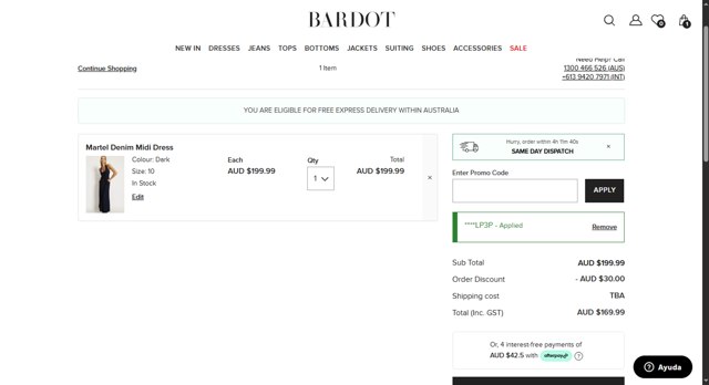 Bardot checkout page showing Bardot coupon code box | Screenshot taken by SimplyCodes community member on Jun 19, 2025