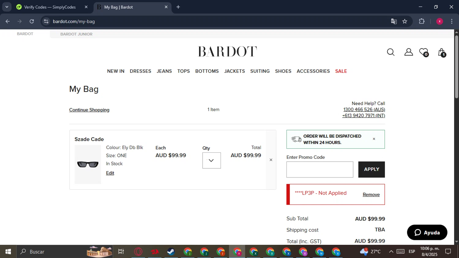 Bardot coupon code screenshot showing code BRR-PZPV3SLP3P applied at Bardot checkout page. Uploaded by SimplyCodes community member SavingsFalcon3521 on Apr 9, 2025