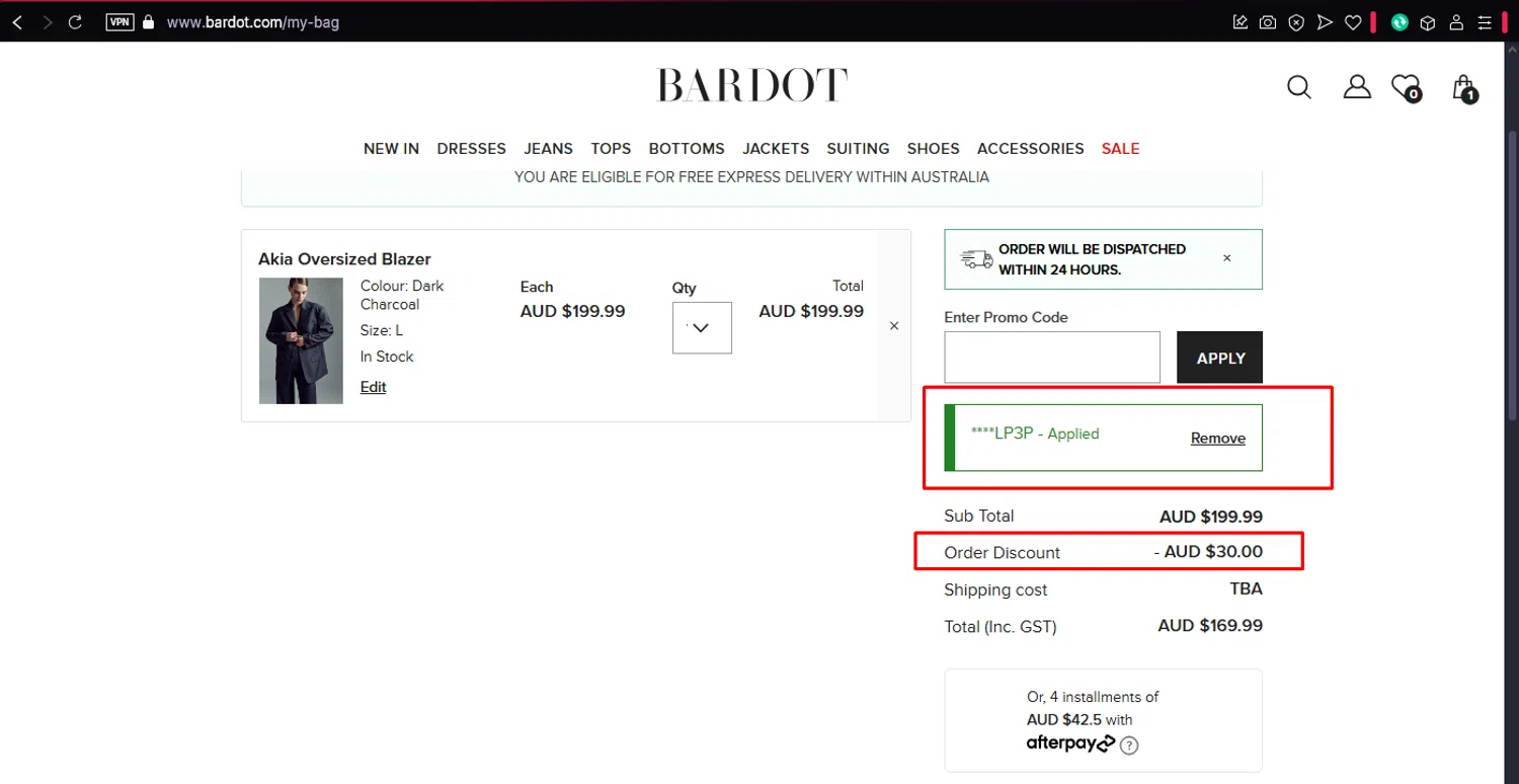 Bardot coupon code screenshot showing code BRR-PZPV3SLP3P applied at Bardot checkout page. Uploaded by SimplyCodes community member user1998 on Apr 9, 2025