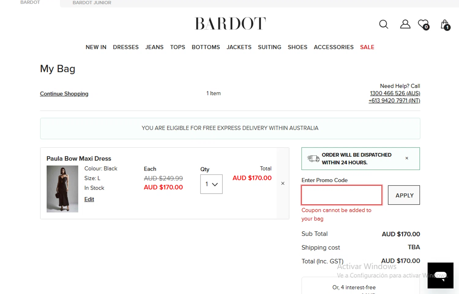 Bardot coupon code screenshot showing code HELLO20 applied at Bardot checkout page. Uploaded by SimplyCodes community member Gary_23 on Jul 21, 2025