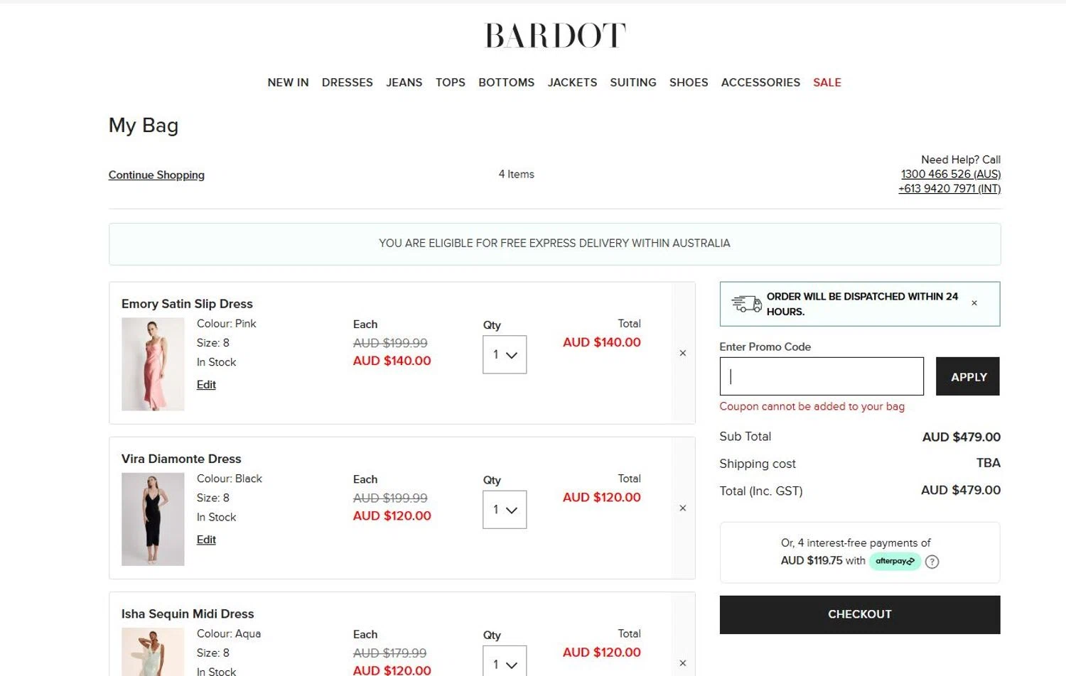 Bardot coupon code screenshot showing code HELLO20 applied at Bardot checkout page. Uploaded by SimplyCodes community member Marianadelanoche on Jul 21, 2025
