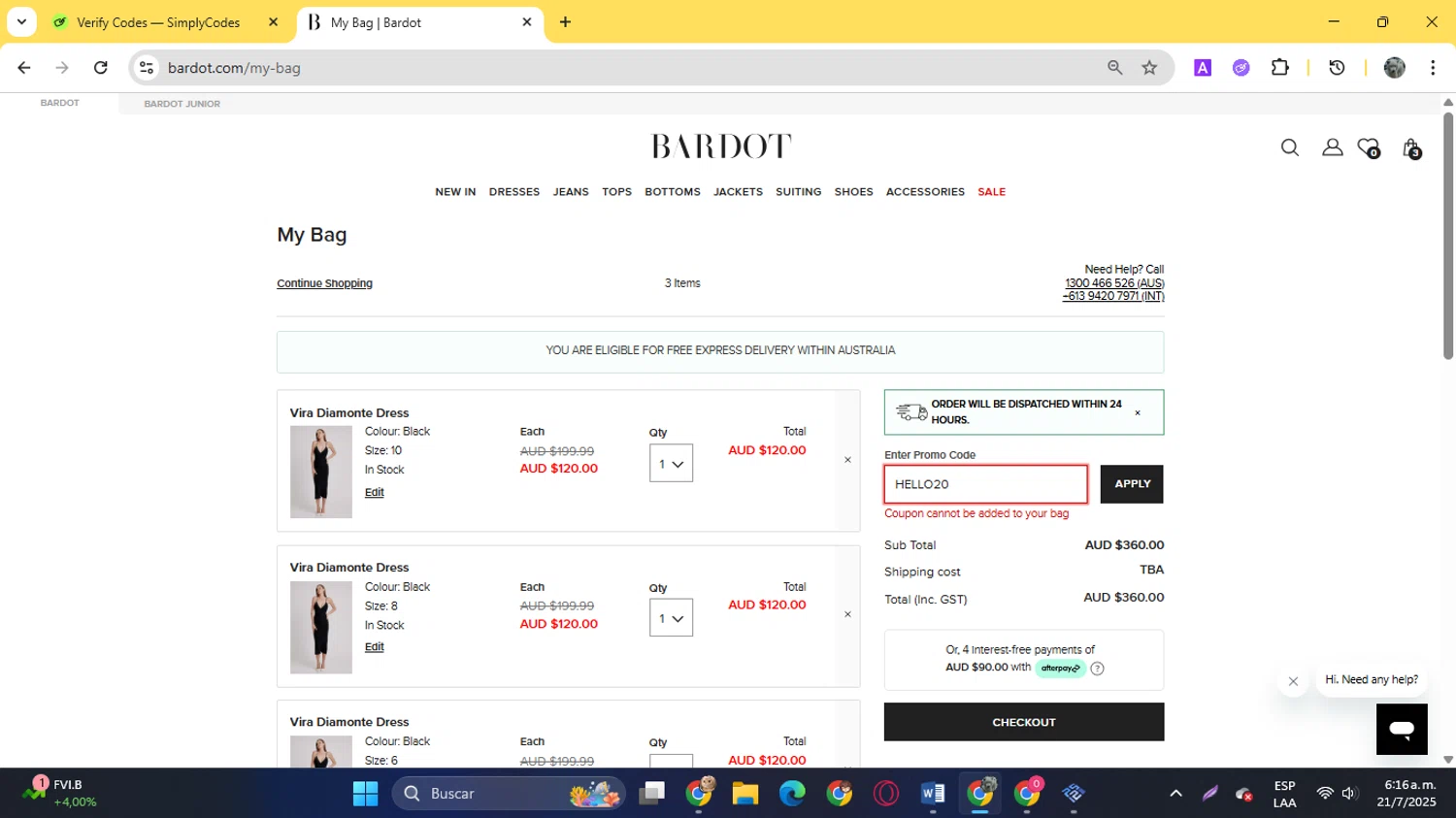 Bardot coupon code screenshot showing code HELLO20 applied at Bardot checkout page. Uploaded by SimplyCodes community member YunoMaria on Jul 21, 2025