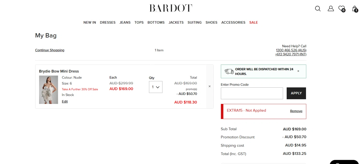 Bardot coupon code screenshot showing code EXTRA15 applied at Bardot checkout page. Uploaded by SimplyCodes community member BrilliantRanger2465 on Jun 9, 2025