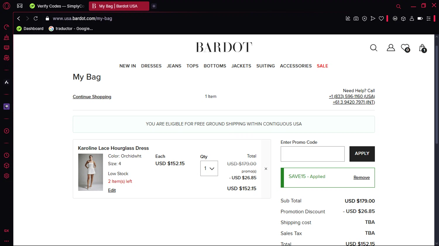 Bardot coupon code screenshot showing code SAVE15 applied at Bardot checkout page. Uploaded by SimplyCodes community member RewardMaestro5838 on Apr 29, 2025