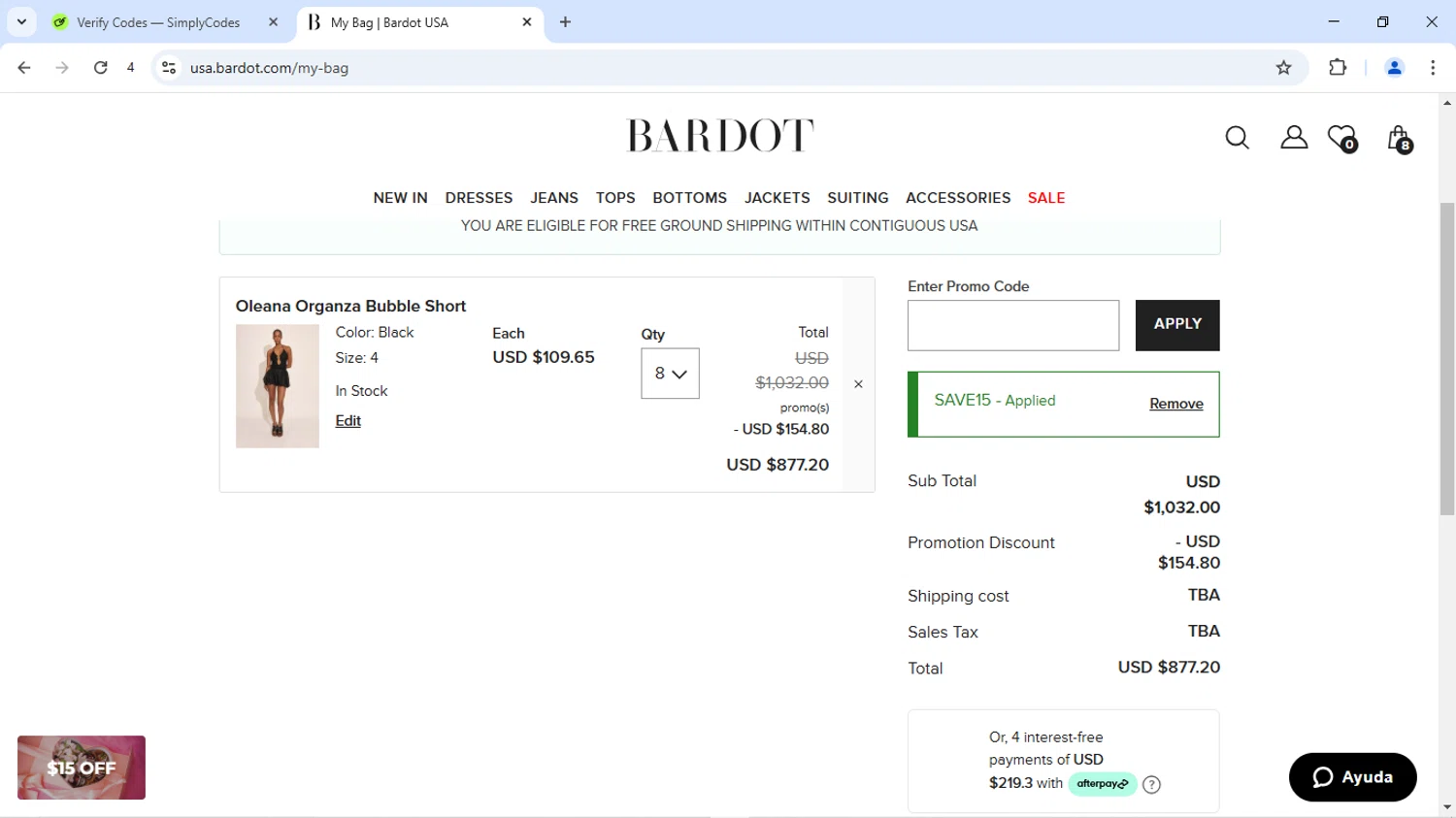 Bardot coupon code screenshot showing code SAVE15 applied at Bardot checkout page. Uploaded by SimplyCodes community member SofiaVentura on Jul 18, 2025