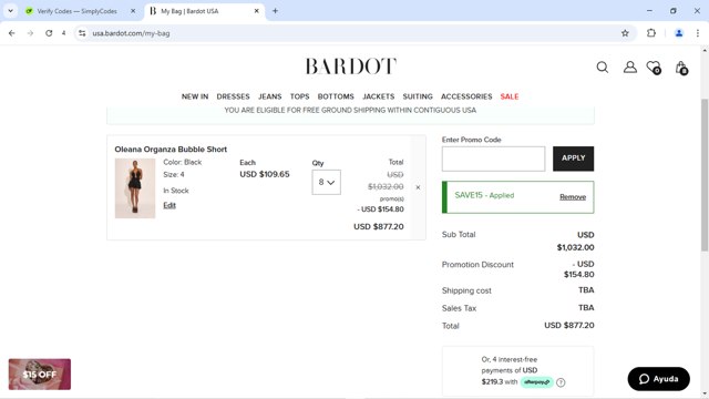 Bardot checkout page showing Bardot coupon code box | Screenshot taken by SimplyCodes community member on Jul 18, 2025