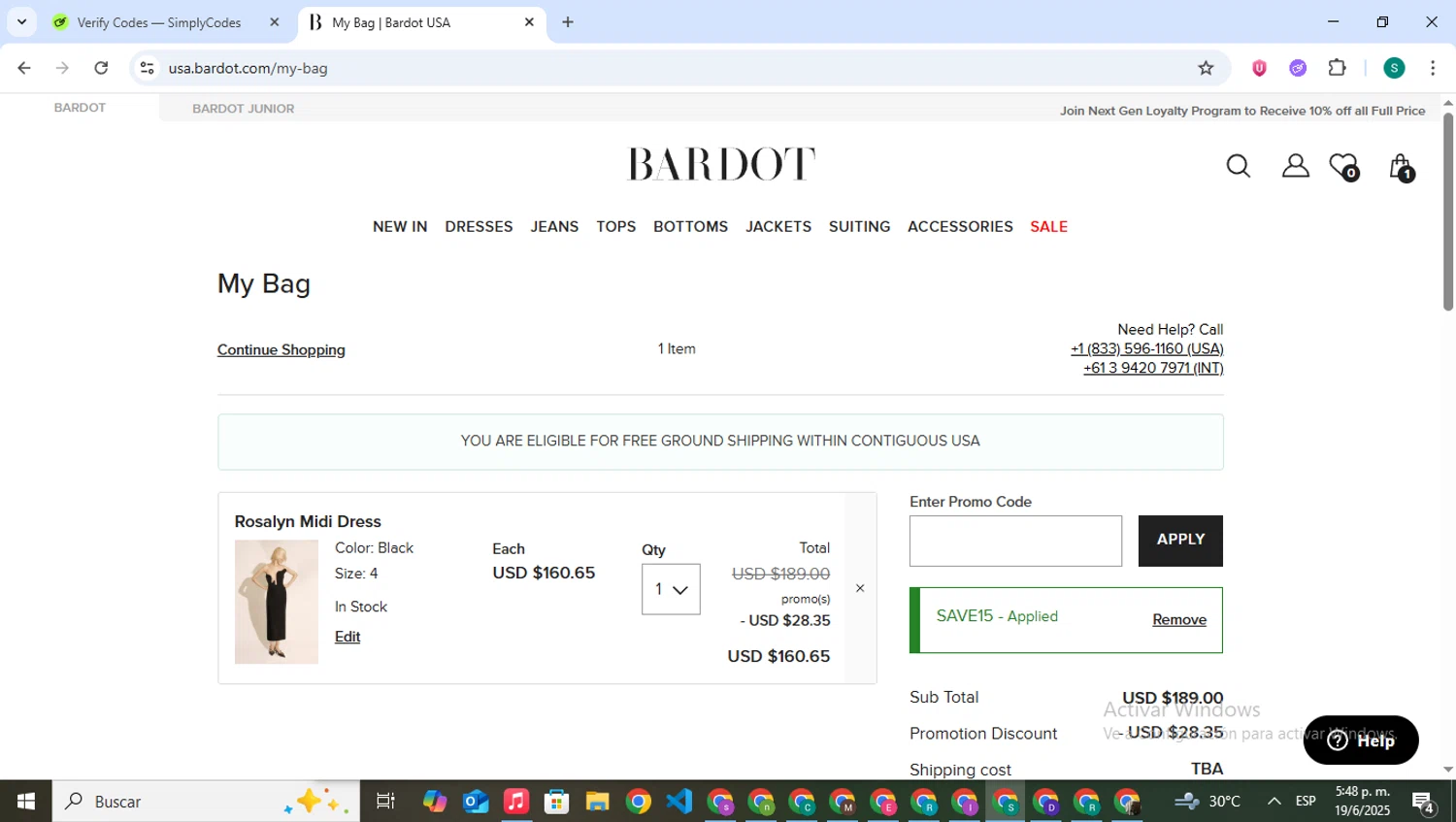 Bardot coupon code screenshot showing code SAVE15 applied at Bardot checkout page. Uploaded by SimplyCodes community member VictoriousPilot5281 on Jun 19, 2025