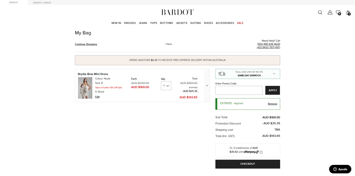 Bardot coupon code screenshot showing code EXTRA15 applied at Bardot checkout page. Uploaded by SimplyCodes community member Dorothy on May 11, 2025