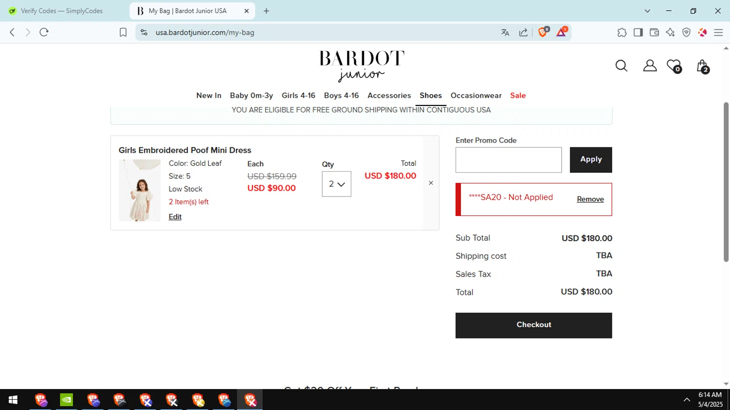 Bardot Junior coupon code screenshot showing code HELLOUSA20 applied at Bardot Junior checkout page. Uploaded by SimplyCodes community member Cucalina on May 4, 2025