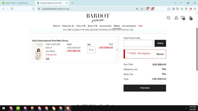Bardot Junior checkout page showing Bardot Junior coupon code box | Screenshot taken by SimplyCodes community member on May 4, 2025