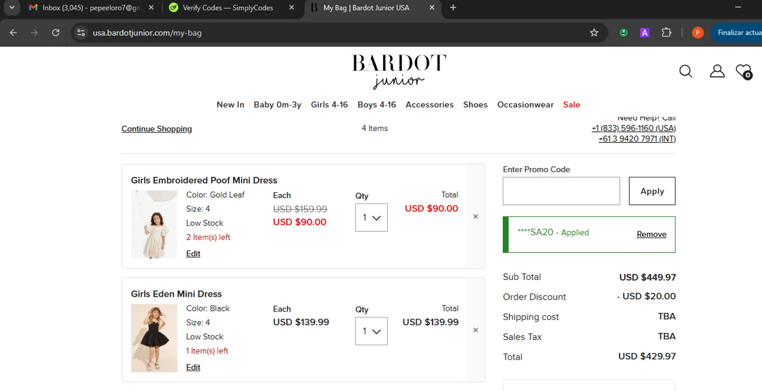 Bardot Junior coupon code screenshot showing code HELLOUSA20 applied at Bardot Junior checkout page. Uploaded by SimplyCodes community member Eminem on Jul 28, 2025