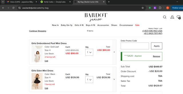 Bardot Junior checkout page showing Bardot Junior coupon code box | Screenshot taken by SimplyCodes community member on Jul 28, 2025
