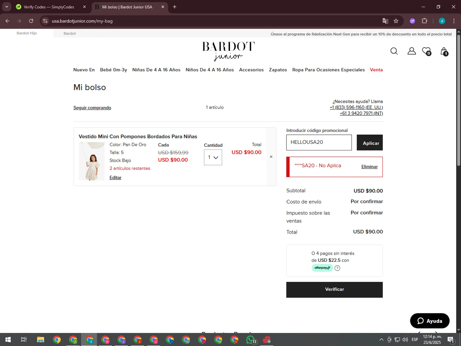 Bardot Junior coupon code screenshot showing code HELLOUSA20 applied at Bardot Junior checkout page. Uploaded by SimplyCodes community member GloriousTiger3507 on Jun 23, 2025