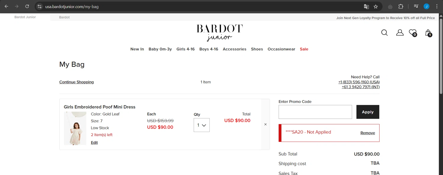 Bardot Junior coupon code screenshot showing code HELLOUSA20 applied at Bardot Junior checkout page. Uploaded by SimplyCodes community member Jeanjc on May 4, 2025