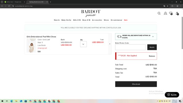 Bardot Junior checkout page showing Bardot Junior coupon code box | Screenshot taken by SimplyCodes community member on Mar 22, 2025