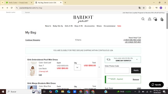 Bardot Junior checkout page showing Bardot Junior coupon code box | Screenshot taken by SimplyCodes community member on Apr 4, 2025