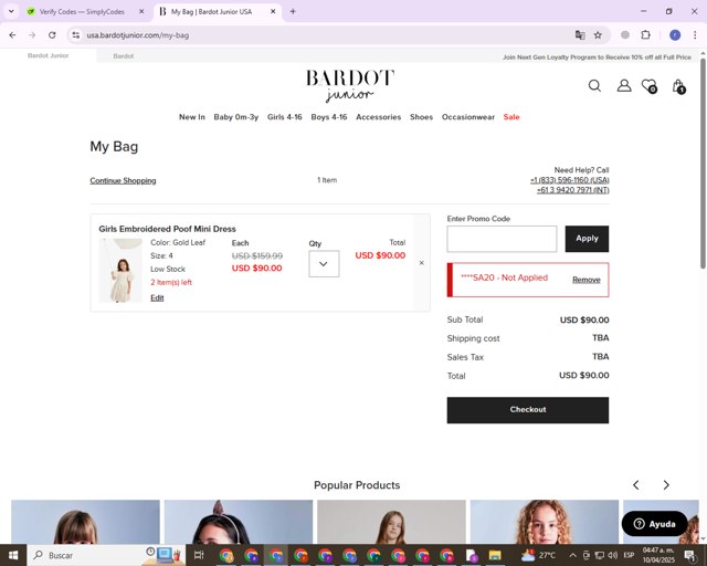 Bardot Junior checkout page showing Bardot Junior coupon code box | Screenshot taken by SimplyCodes community member on Apr 10, 2025