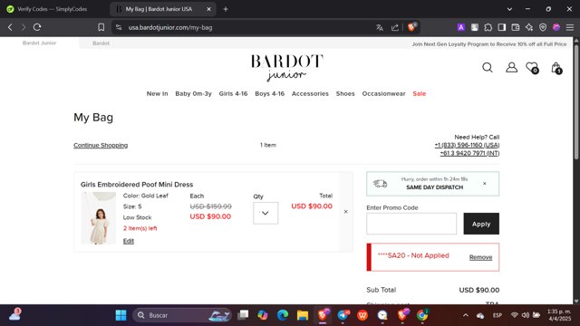 Bardot Junior checkout page showing Bardot Junior coupon code box | Screenshot taken by SimplyCodes community member on Apr 4, 2025