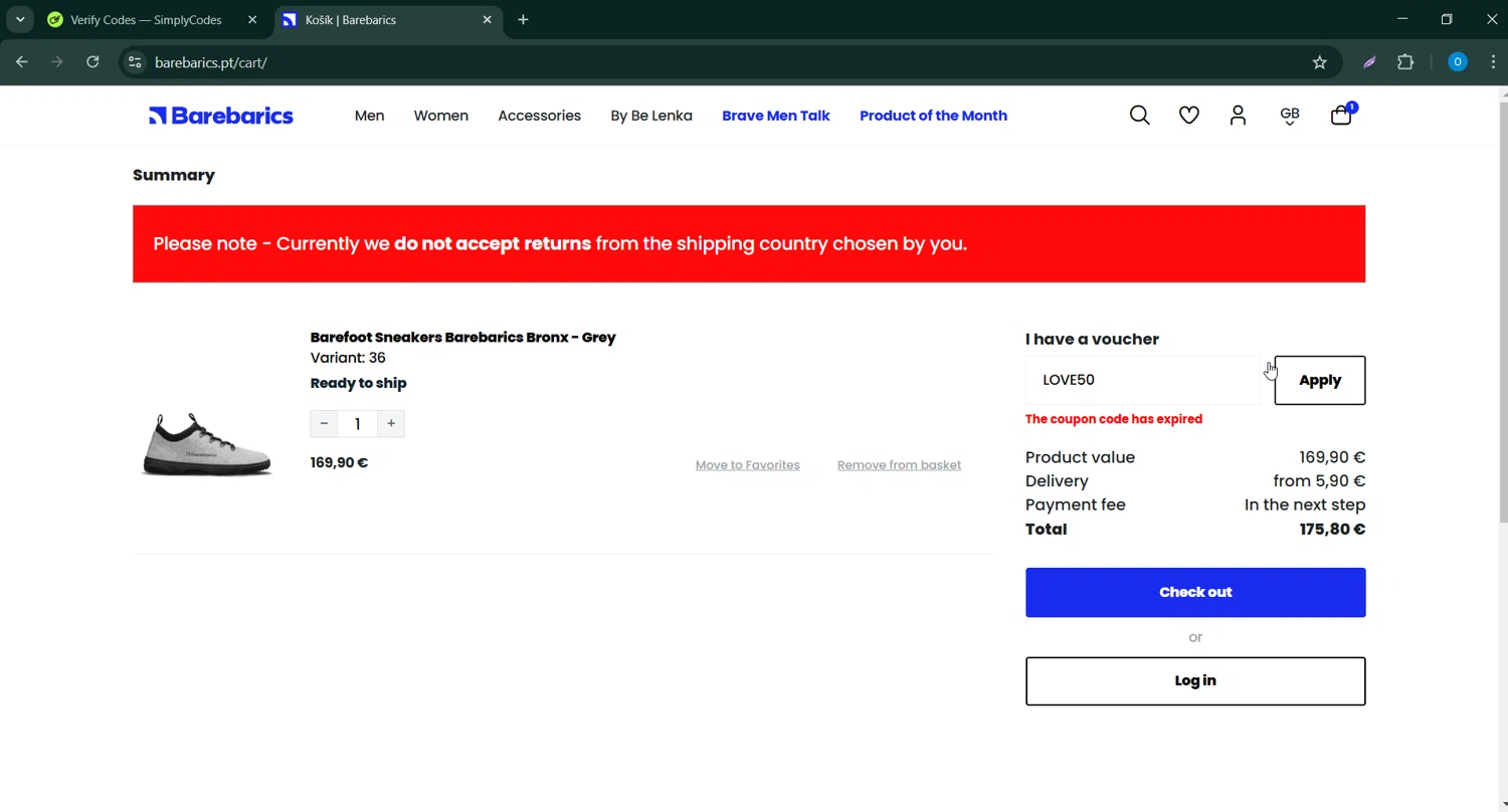 Barebarics coupon code screenshot showing code LOVE50 applied at Barebarics checkout page. Uploaded by SimplyCodes community member Bernard_Lowe on Mar 1, 2025