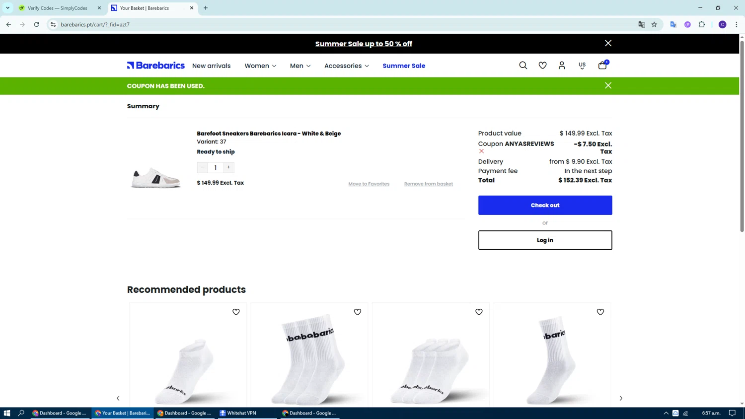 Barebarics coupon code screenshot showing code ANYASREVIEWS applied at Barebarics checkout page. Uploaded by SimplyCodes community member Dennyguillermo on Aug 21, 2025
