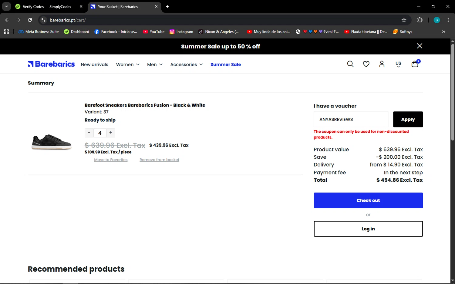 Barebarics coupon code screenshot showing code ANYASREVIEWS applied at Barebarics checkout page. Uploaded by SimplyCodes community member ELROJO on Aug 21, 2025