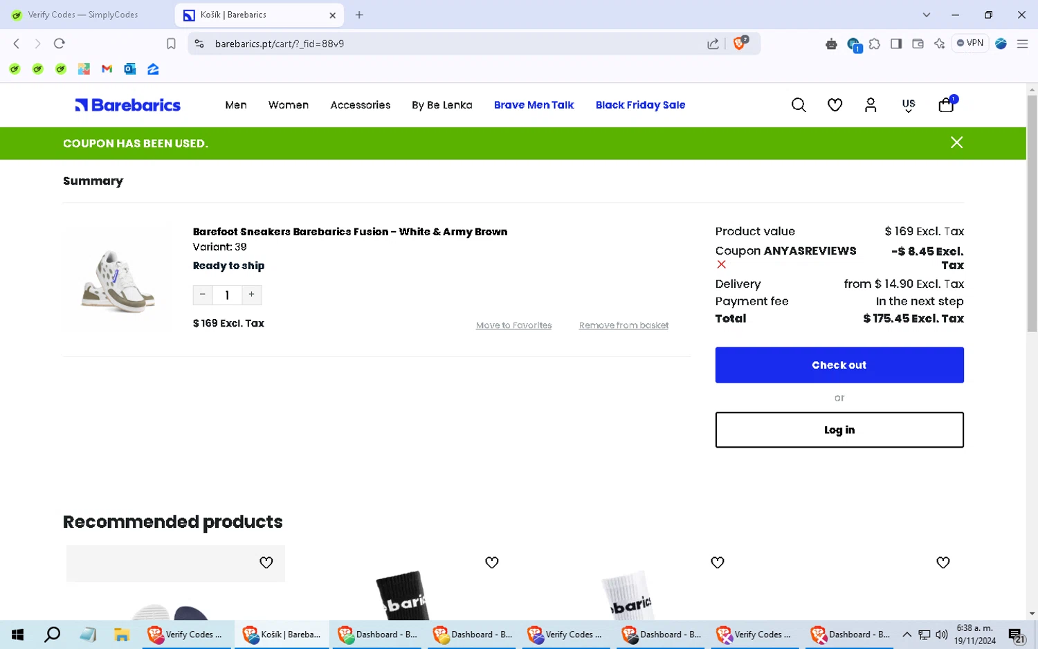 Barebarics checkout page showing Barebarics coupon code box | Screenshot taken by SimplyCodes community member on Nov 19, 2024