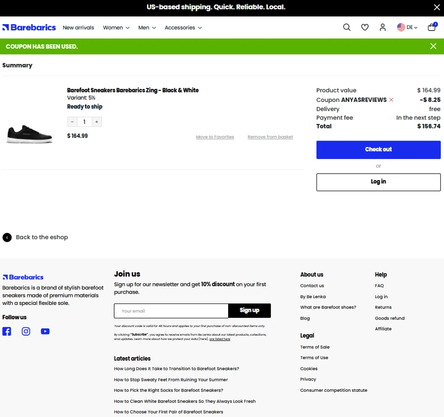 Barebarics coupon code screenshot showing code ANYASREVIEWS applied at Barebarics checkout page. Uploaded by SimplyCodes community member reggiesmith on Jan 22, 2026