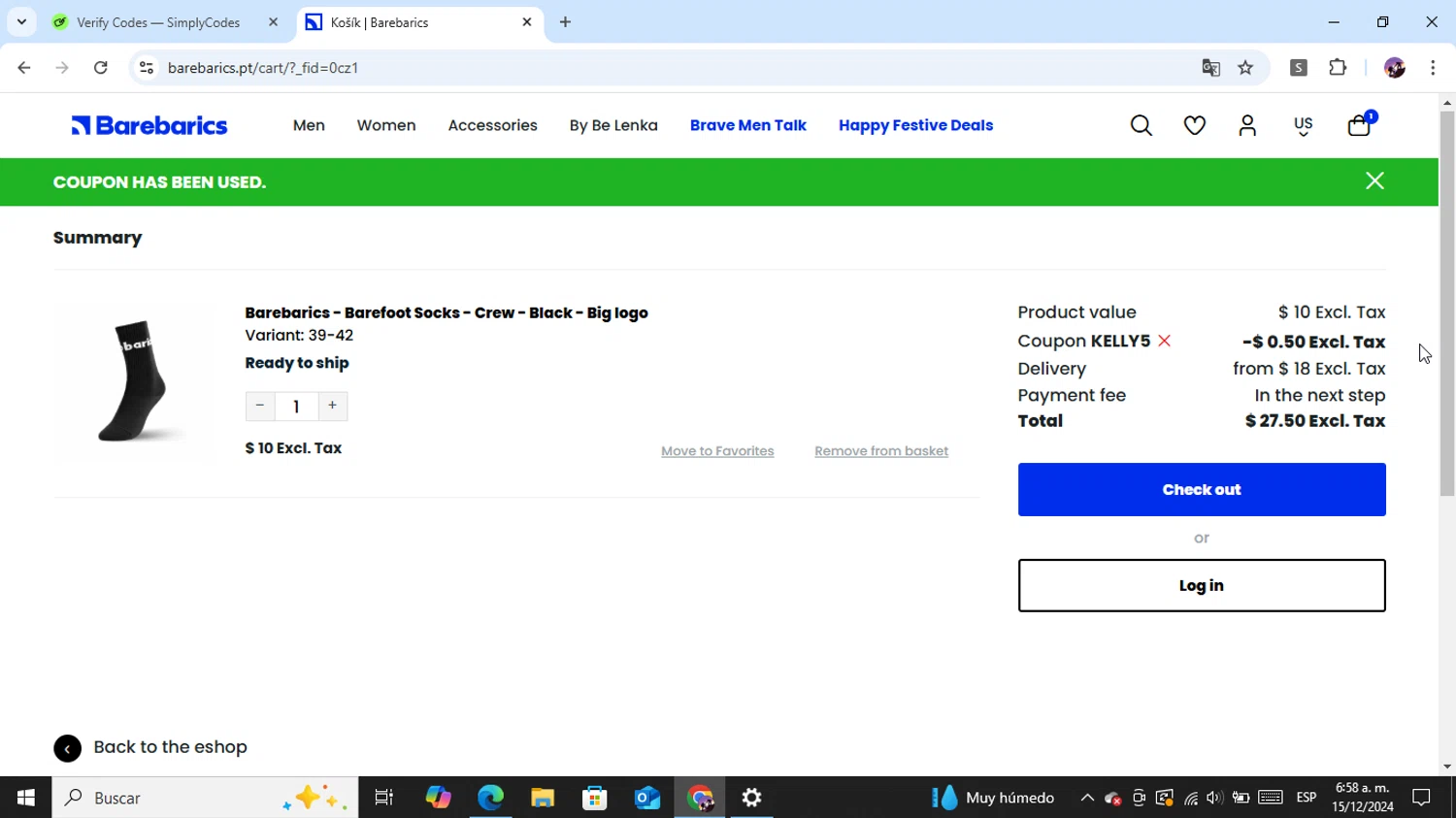 Barebarics checkout page showing Barebarics coupon code box | Screenshot taken by SimplyCodes community member on Dec 15, 2024
