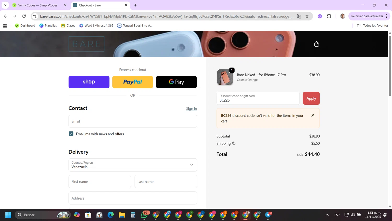 Bare Cases promo code screenshot showing code BC226 applied at Bare Cases checkout page. Uploaded by SimplyCodes community member FernandoLetex on Nov 11, 2025