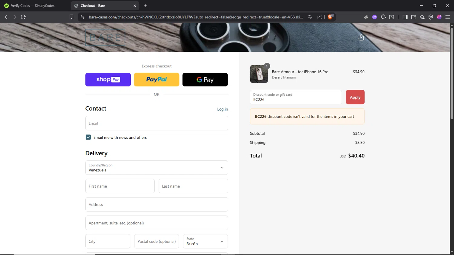 Bare Cases promo code screenshot showing code BC226 applied at Bare Cases checkout page. Uploaded by SimplyCodes community member Morrachida04 on Jul 12, 2025
