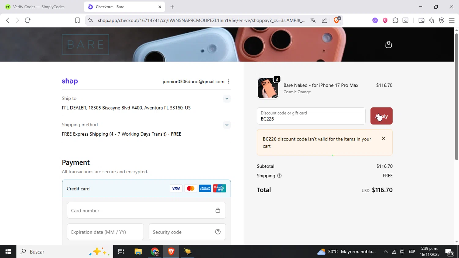 Bare Cases promo code screenshot showing code BC226 applied at Bare Cases checkout page. Uploaded by SimplyCodes community member Mujerdejunnior on Nov 16, 2025