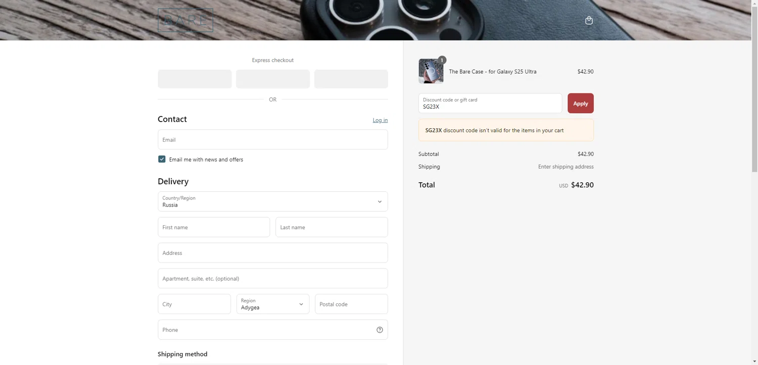 Bare Cases promo code screenshot showing code SG23X applied at Bare Cases checkout page. Uploaded by SimplyCodes community member TreasureKnight4134 on May 9, 2025