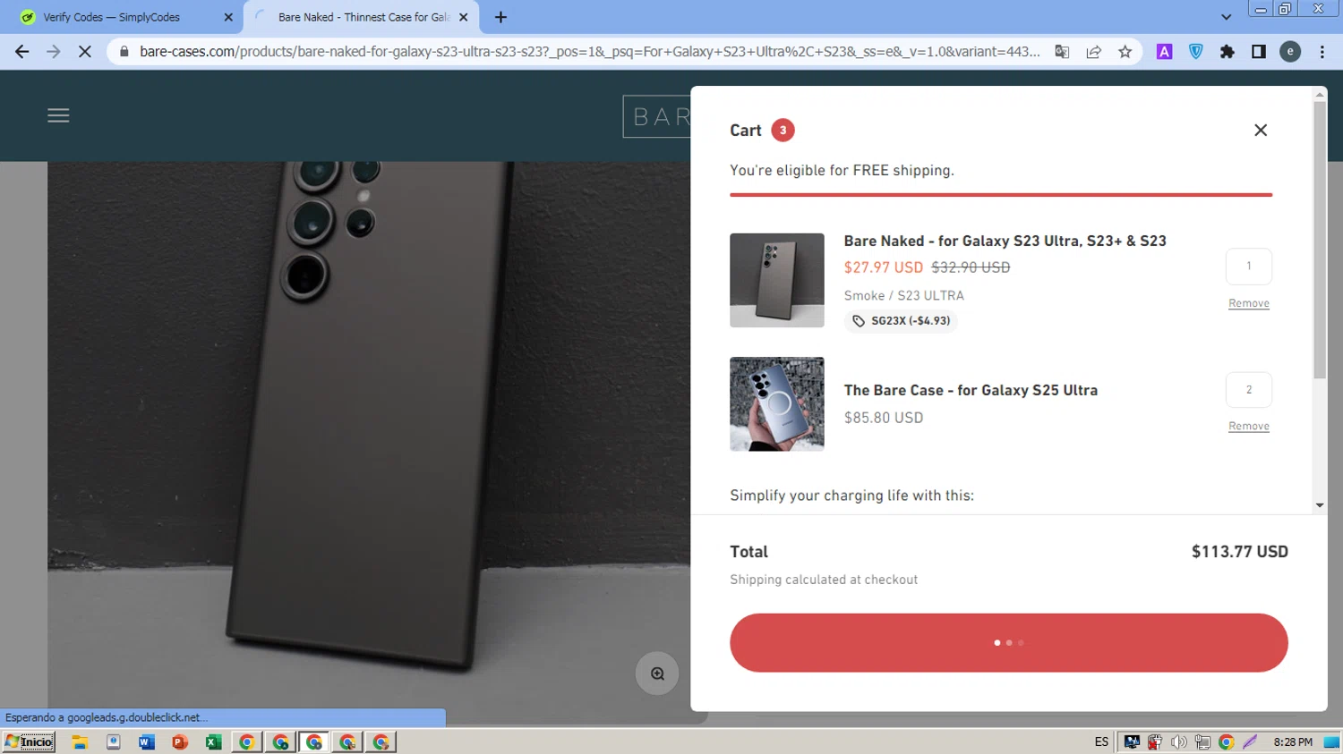 Bare Cases promo code screenshot showing code SG23X applied at Bare Cases checkout page. Uploaded by SimplyCodes community member MightyPro980 on May 1, 2025