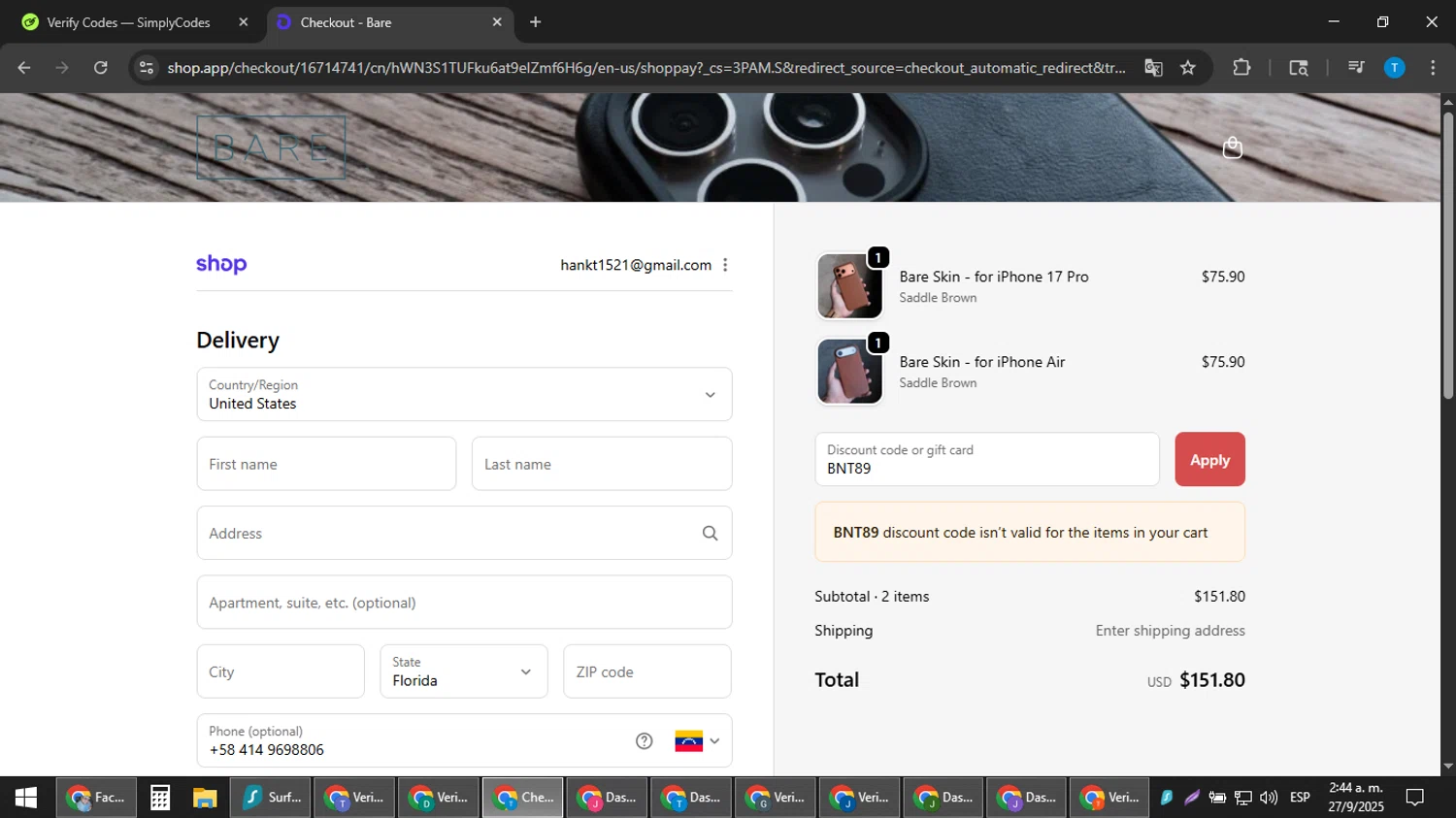 Bare Cases promo code screenshot showing code BNT89 applied at Bare Cases checkout page. Uploaded by SimplyCodes community member hankt1521 on Sep 27, 2025