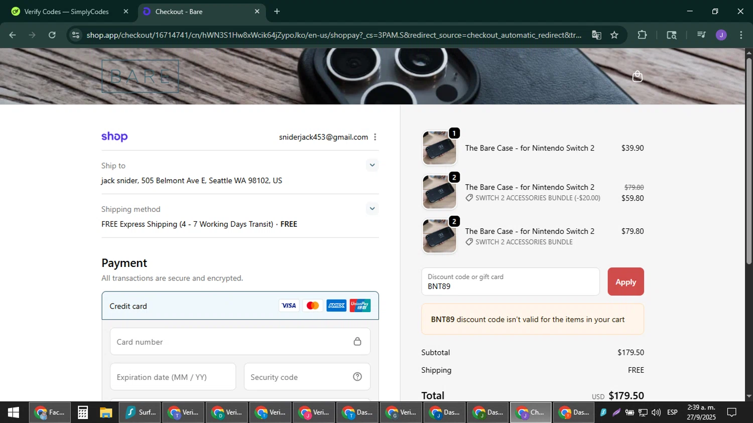 Bare Cases promo code screenshot showing code BNT89 applied at Bare Cases checkout page. Uploaded by SimplyCodes community member sniderjack453 on Sep 27, 2025